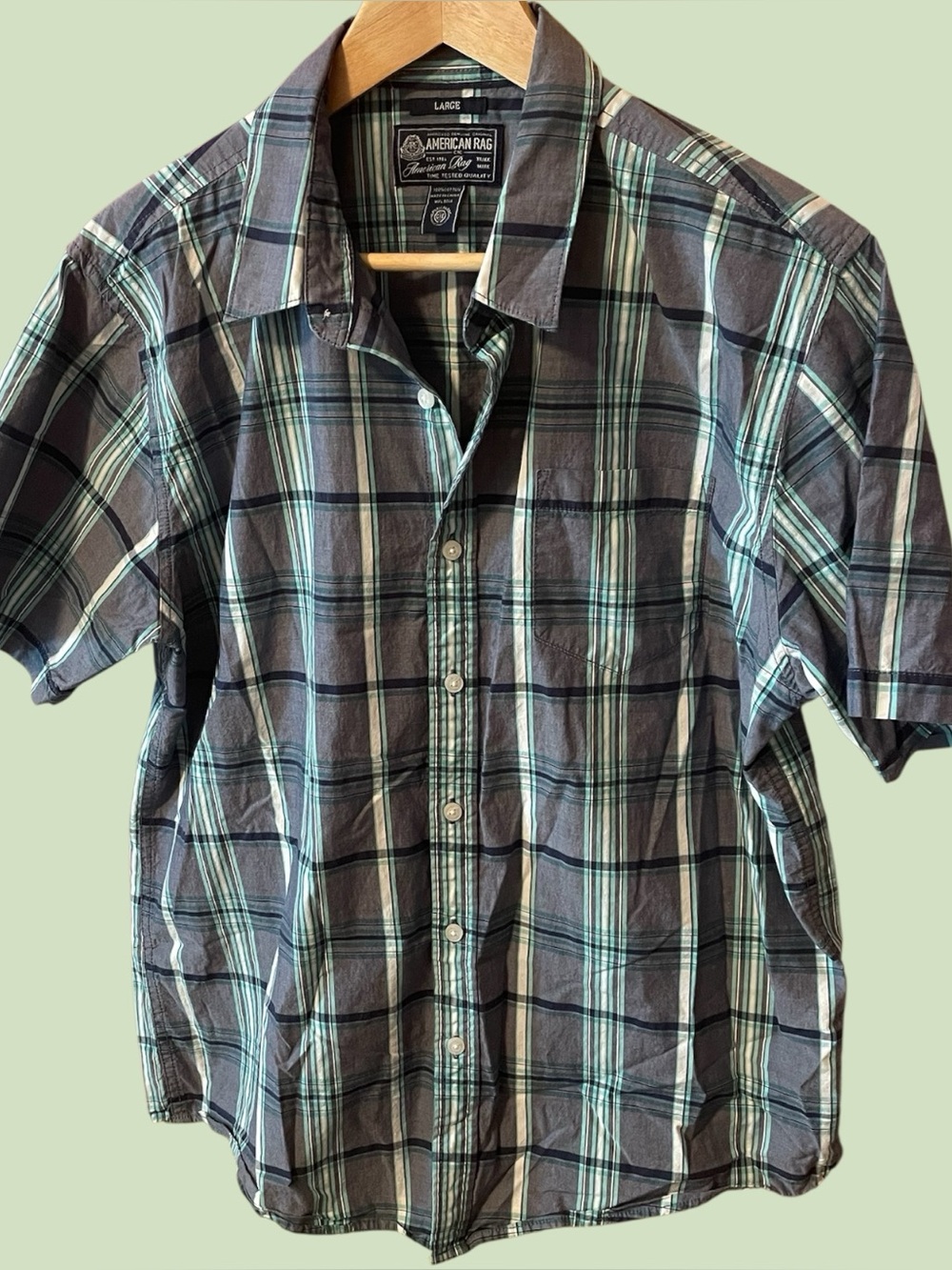 American Rag Short-Sleeve Plaid Button-Up Shirt - Gray/Teal Size Large